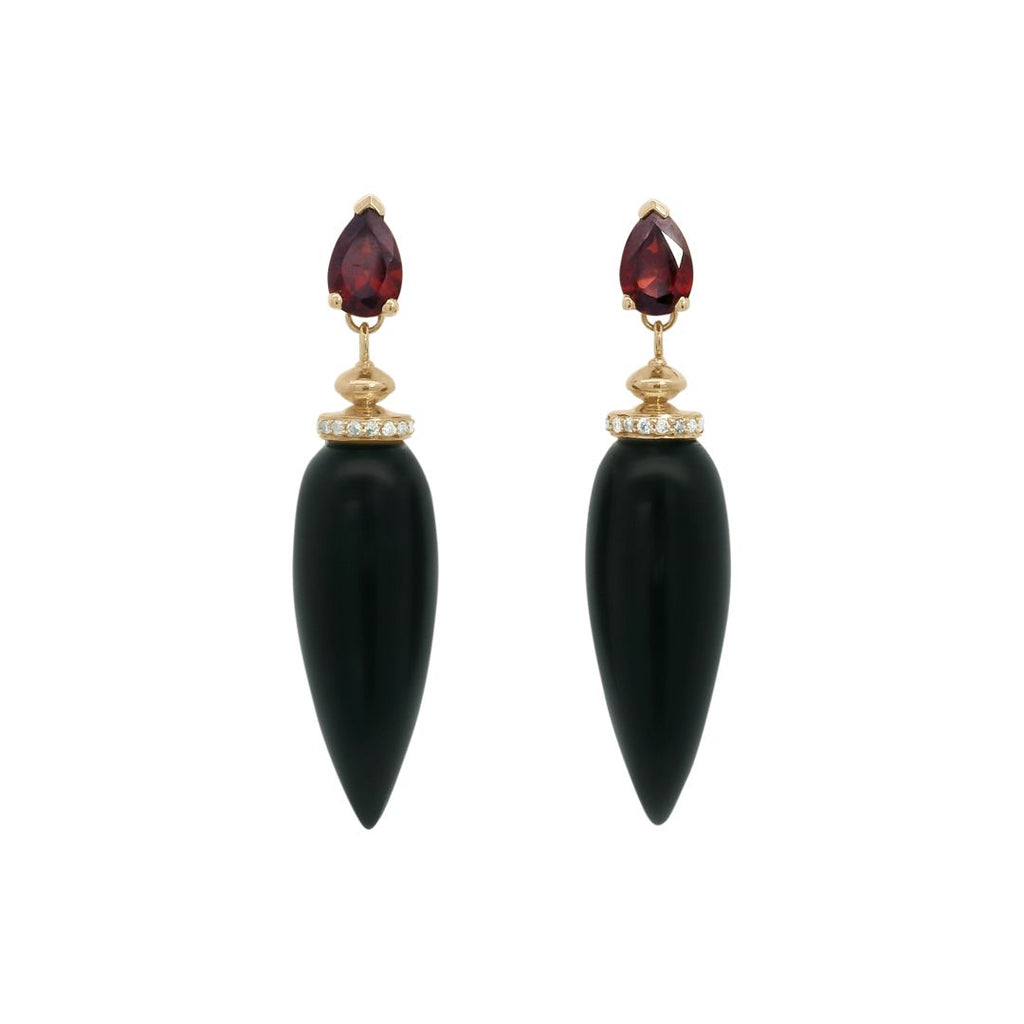 Black onyx pendulum earrings featuring white diamonds and red garnet set in yellow gold 