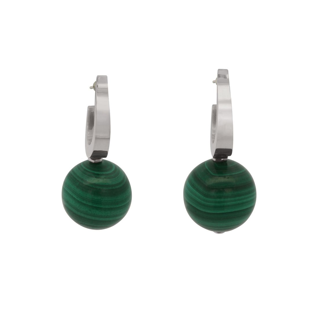 Sterling silver earrings featuring 14mm malachite beads on a white background 
