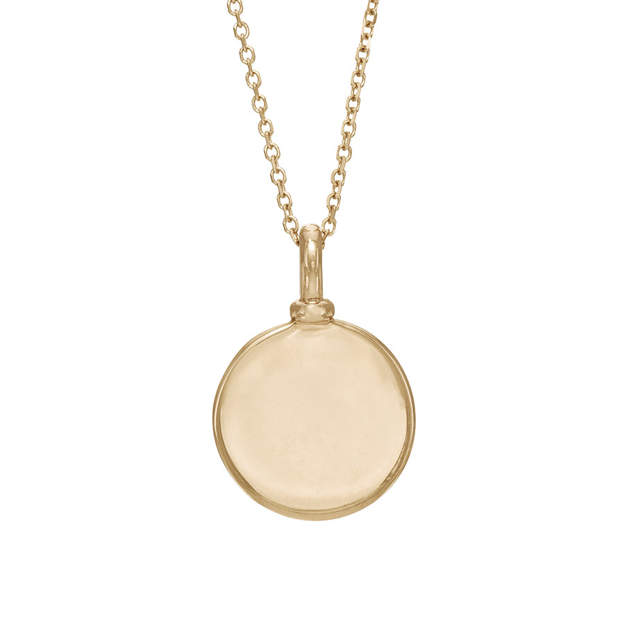 A 14mm plain gold charm set in yellow gold on a yellow gold chain., 14mm