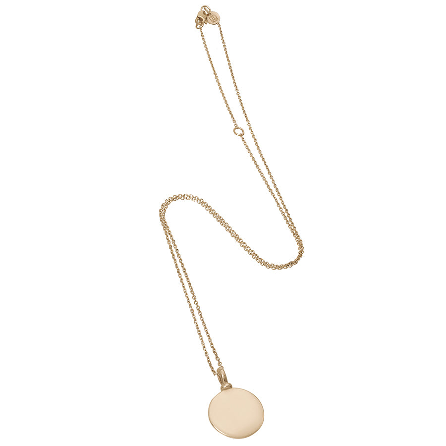 A 14mm plain gold charm set in yellow gold on a yellow gold chain., 14mm