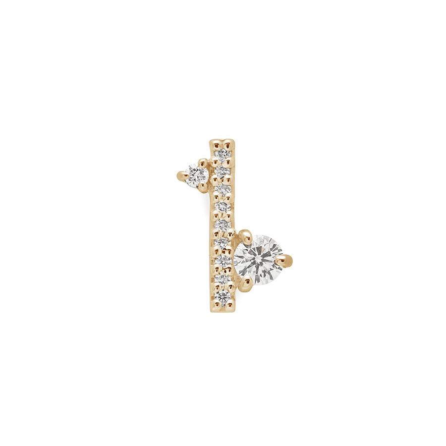 Angled view of a single earring with a straight line of white diamond pave with white diamond accent stones on either side set in a yellow gold., Yellow Gold