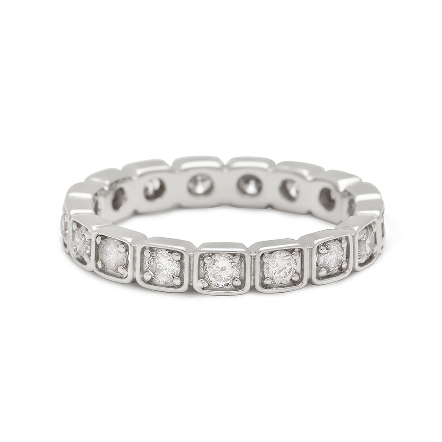 A 3mm white diamond eternity band set in white gold.