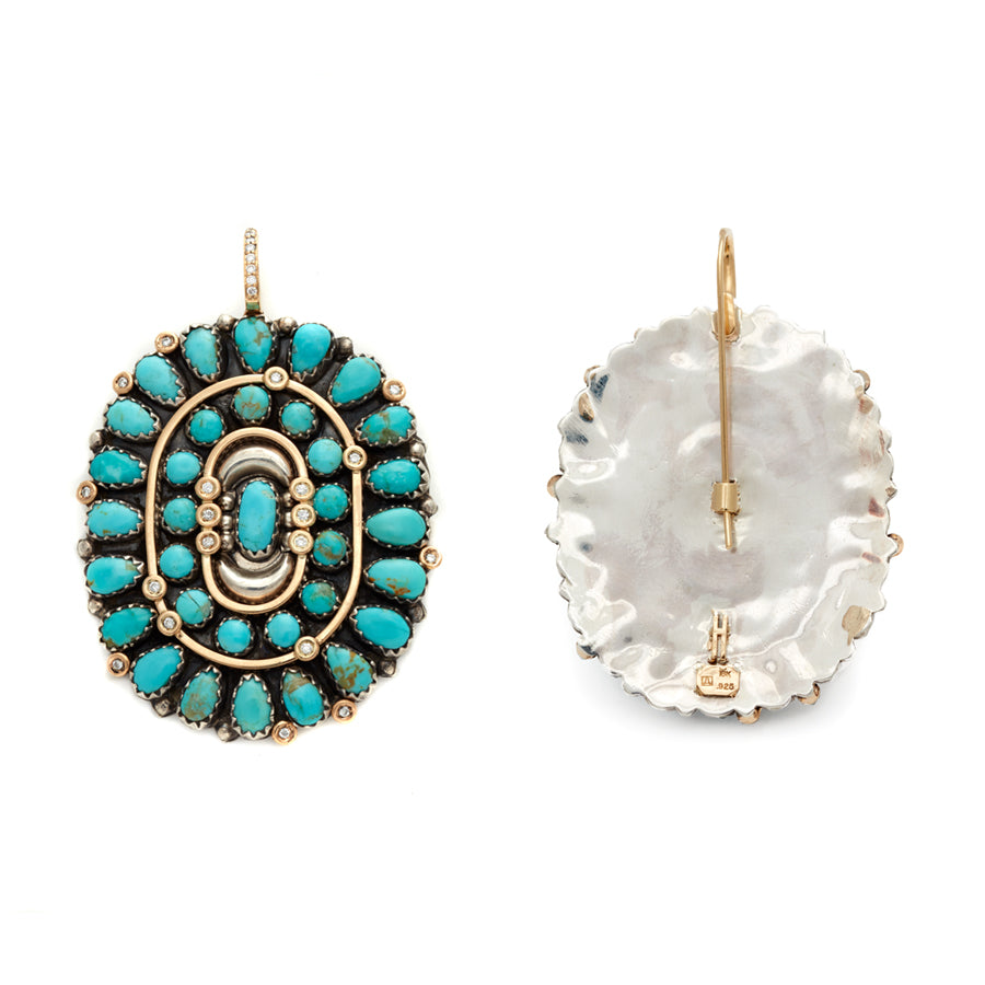 A pair of oval cabochon hoops with turquoise stones and a white diamond pave on the hook of the earring, one earring front facing and one back facing.
