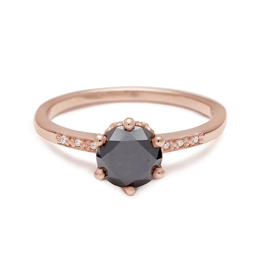 A solitaire ring with a round 1.00ct black diamond with white diamond pave on either side set in rose gold., Rose Gold