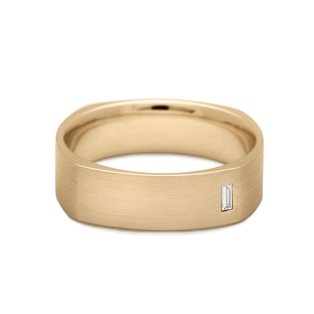 A 5mm flat square band with a white diamond accent stone set in yellow gold., Yellow Gold