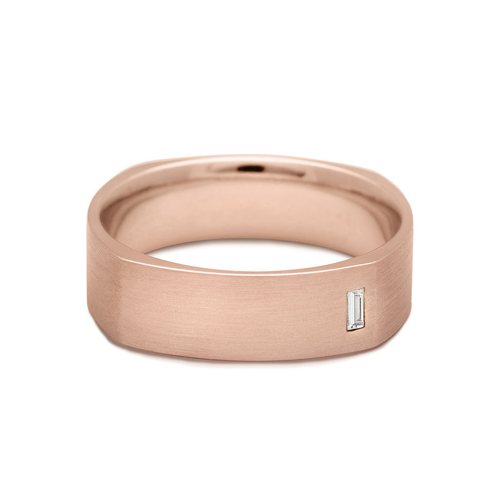 A 5mm flat square band with a white diamond accent stone set in rose gold., Rose Gold