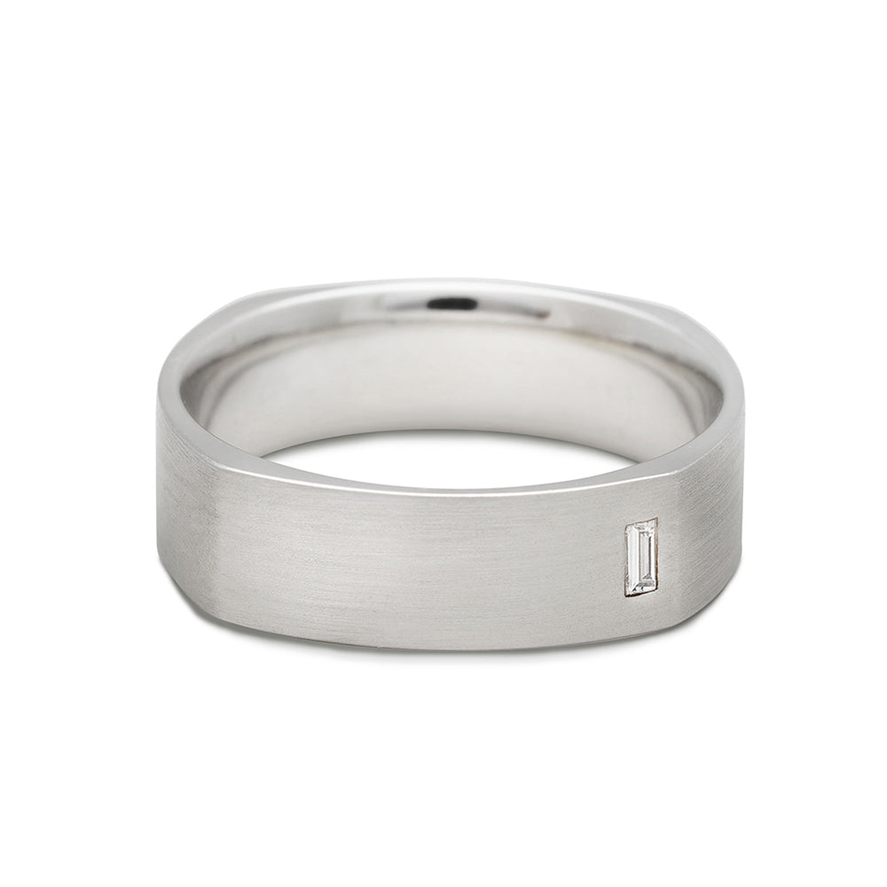 A 5mm flat square band with a white diamond accent stone set in white gold., White Gold