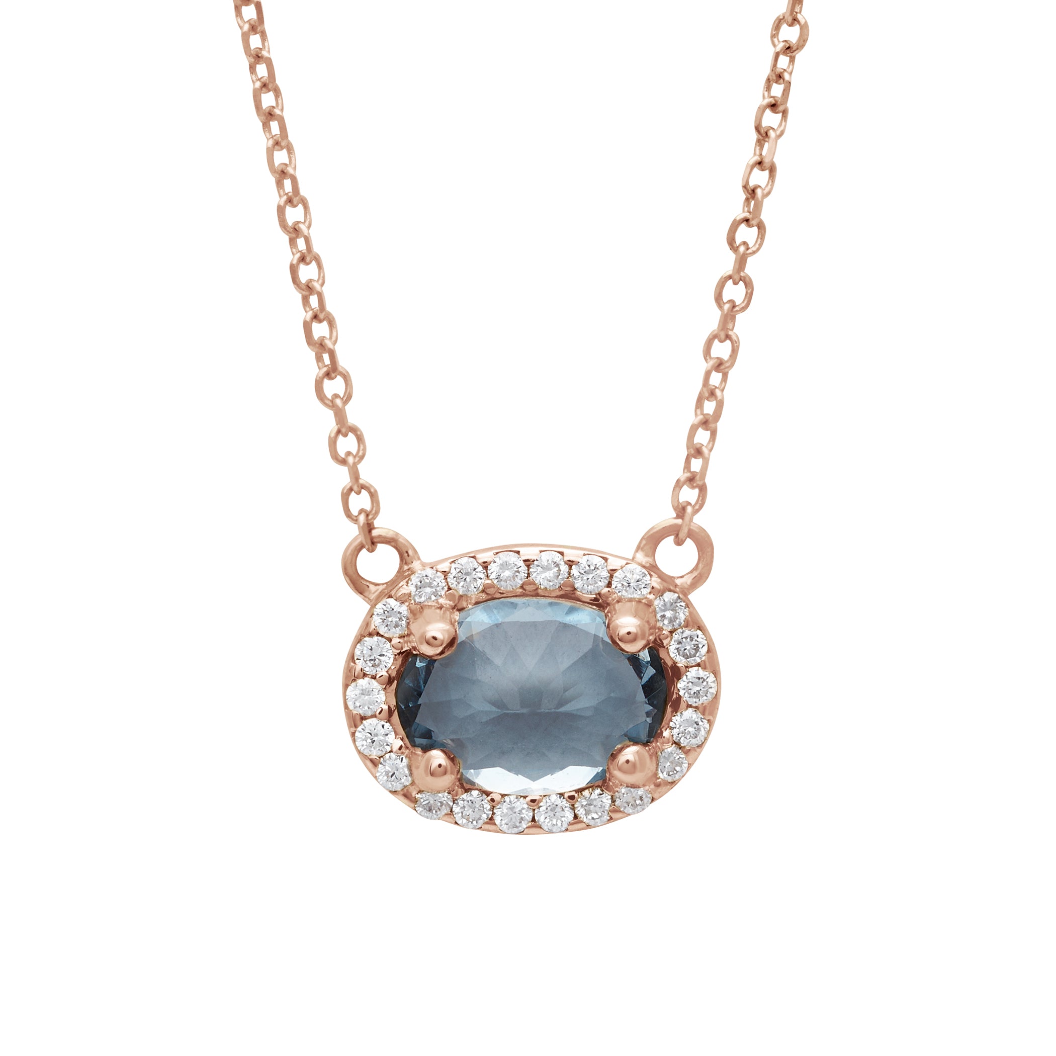 A necklace with an oval shape grey spinel center stone surrounded by a white diamond pave halo set in rose gold on a rose gold chain., Rose Gold