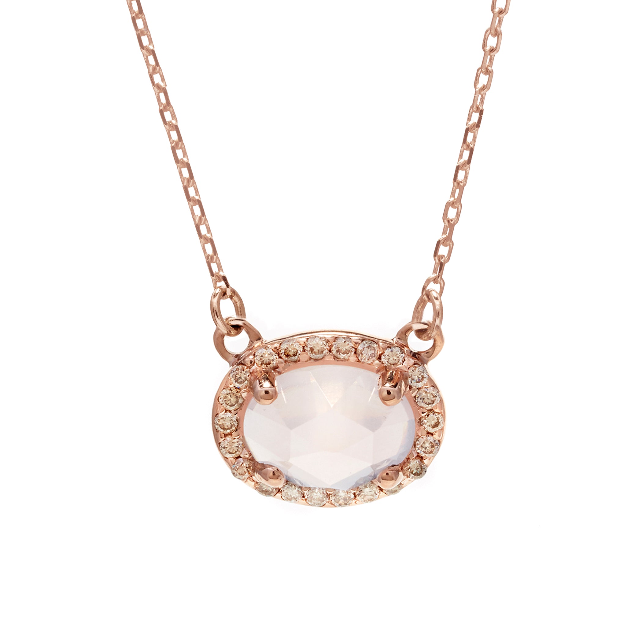 A necklace with an oval shape rainbow moonstone center stone surrounded by a champagne diamond pave halo set in rose gold on a rose gold chain., Rose Gold