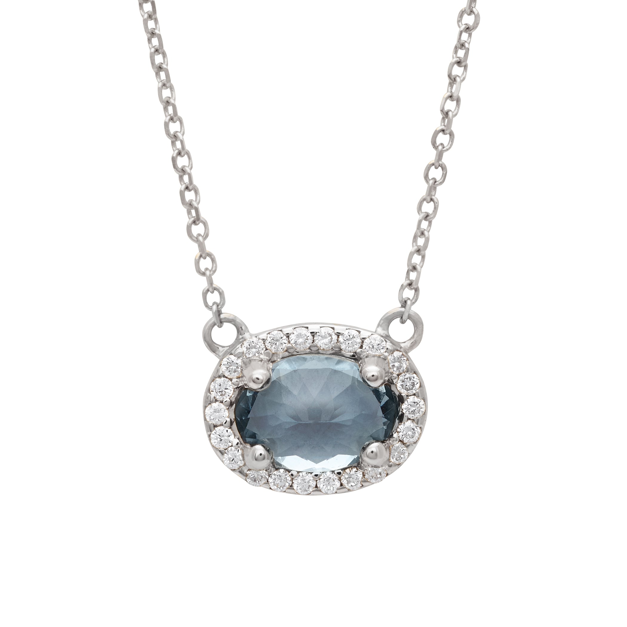 A necklace with an oval shape grey spinel center stone surrounded by a white diamond pave halo set in white gold on a white gold chain., White Gold
