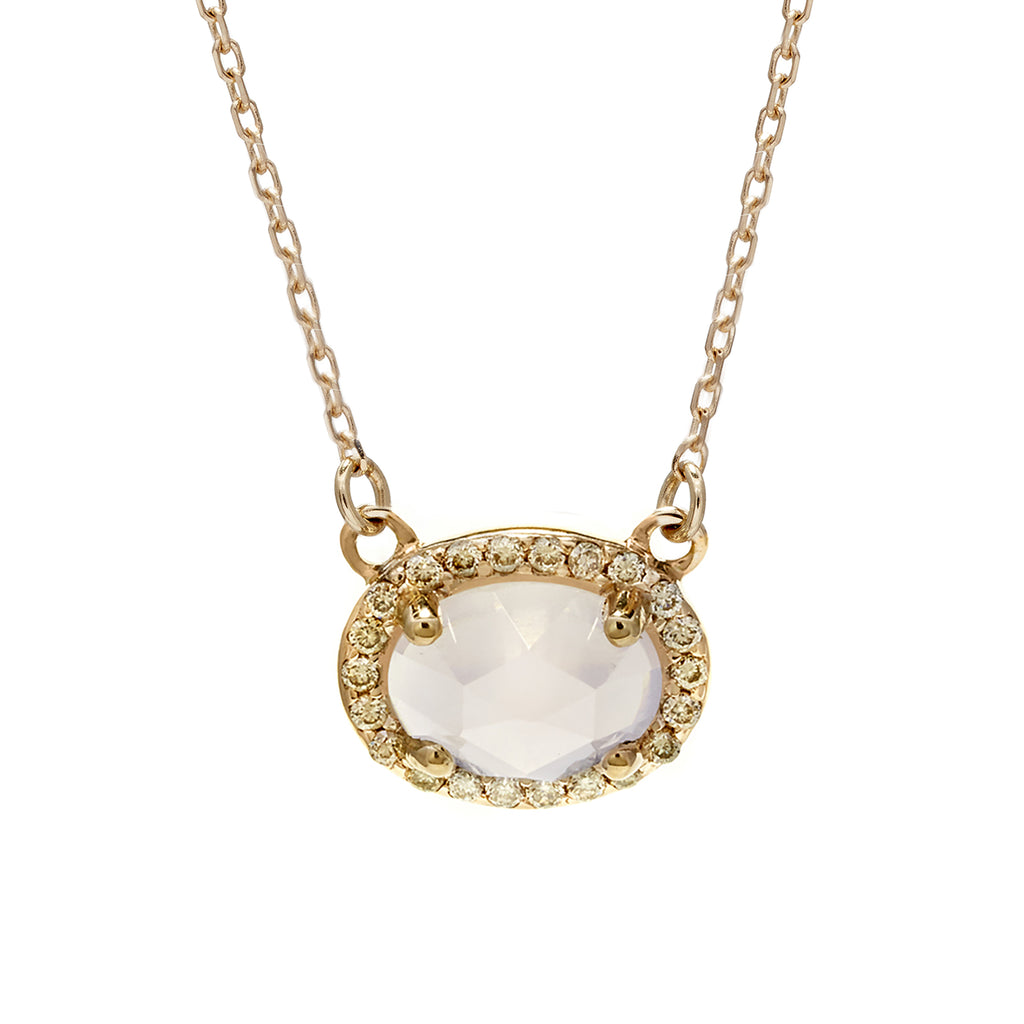 A necklace with an oval shape rainbow moonstone center stone surrounded by a champagne diamond pave halo set in yellow gold on a yellow gold chain., Yellow Gold