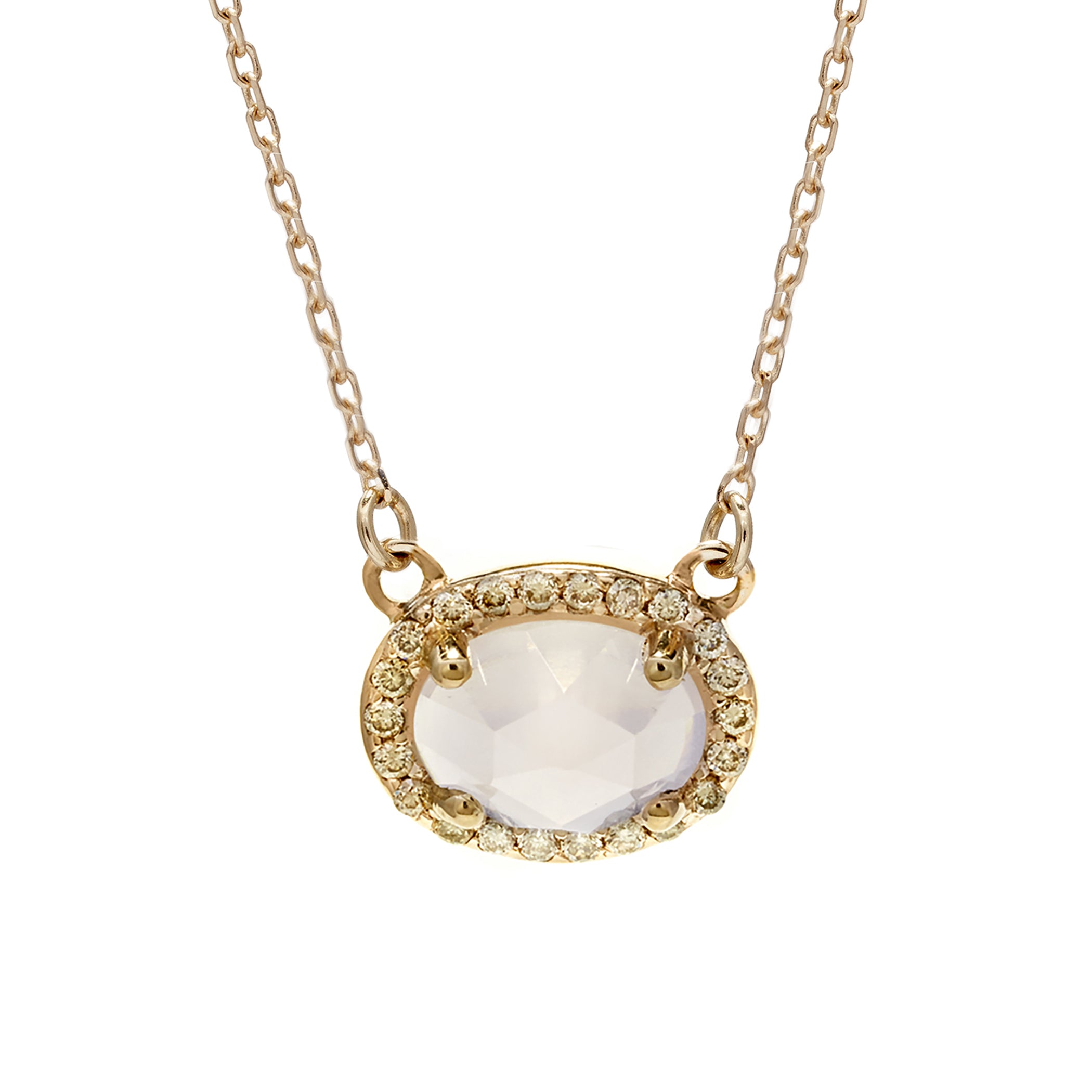 A necklace with an oval shape rainbow moonstone center stone surrounded by a champagne diamond pave halo set in yellow gold on a yellow gold chain., Yellow Gold