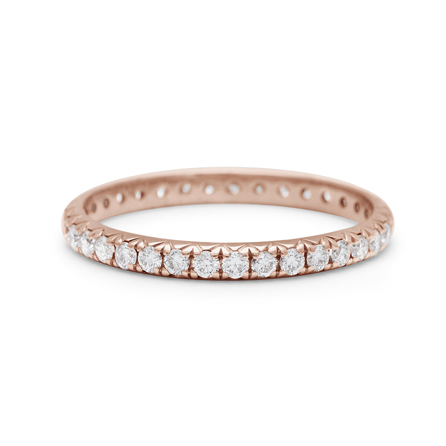A rose gold band with an eternity of round white diamond stones., Rose Gold
