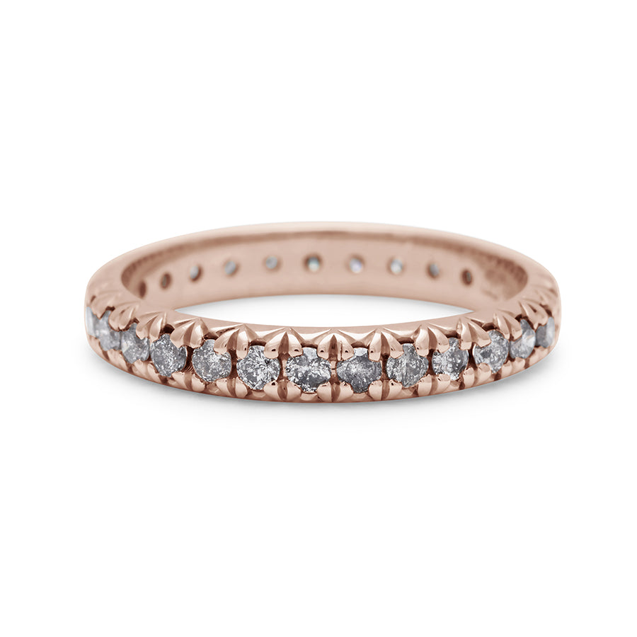 A rose gold band with an eternity of round grey diamond stones., Rose Gold