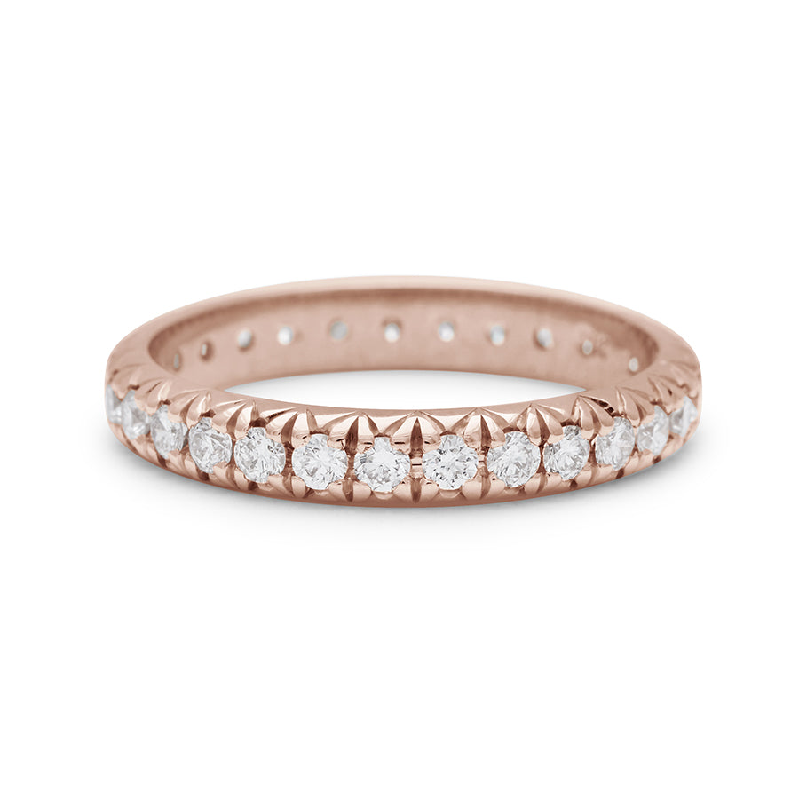A rose gold band with an eternity of round white diamond stones., Rose Gold