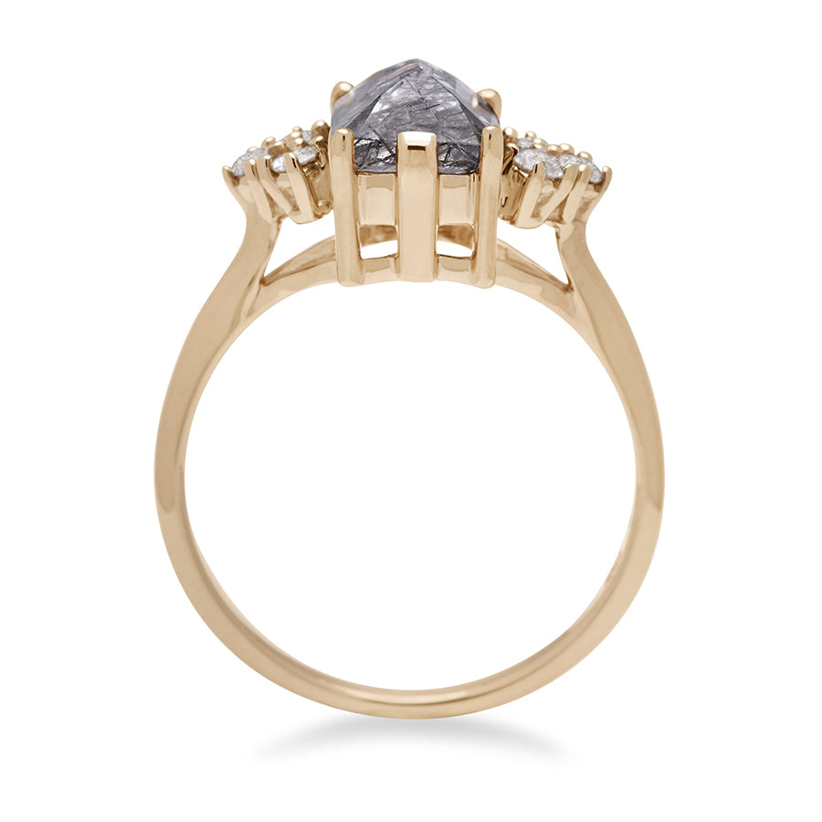 Side view of a ring with an emerald cut black rutilated quartz center with three round white diamonds on either side in arrow shape, set in yellow gold., Yellow Gold