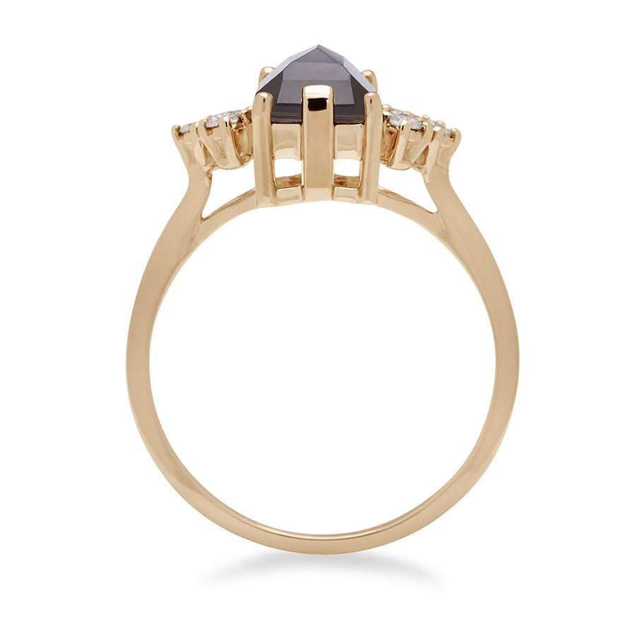 Side view of a ring with an emerald cut grey moonstone center with three round white diamonds on either side in arrow shape, set in yellow gold., Yellow Gold