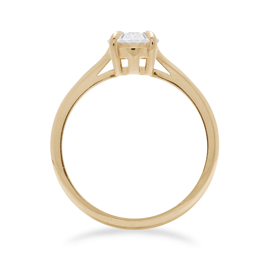 Side view of a solitaire brilliant cut oval 1.00ct white diamond set in yellow gold., Yellow Gold