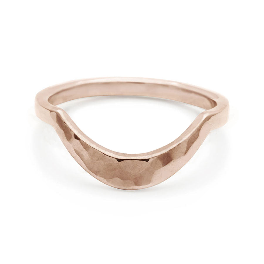 A solid gold tapered band with a hammered finish set in rose gold., Rose Gold