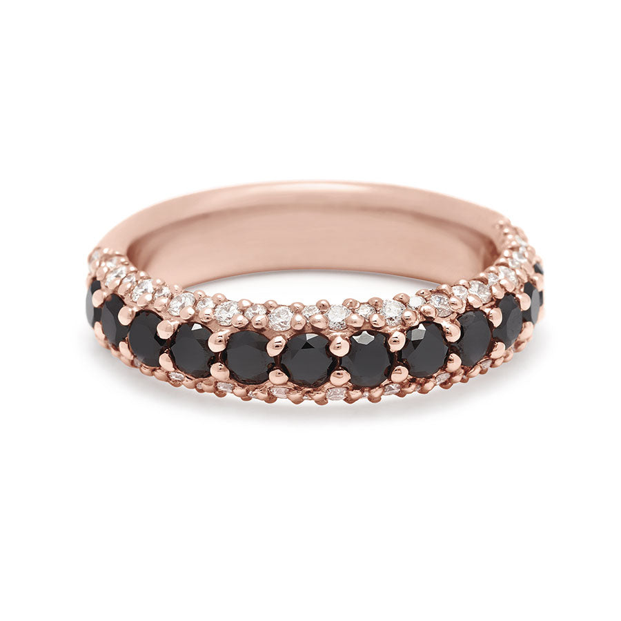 A band with round black diamonds in a 3/4 pave around a rose gold band with white diamond accents on both top and bottom., Rose Gold