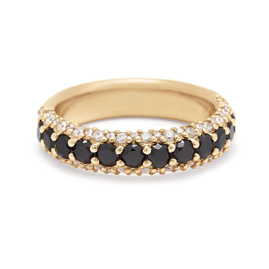 A band with round black diamonds in a 3/4 pave around a yellow gold band with white diamond accents on both top and bottom., Yellow Gold