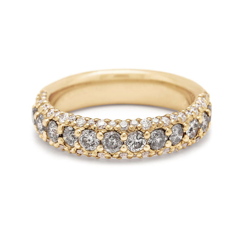 A band with round grey diamonds in a 3/4 pave around a yellow gold band with white diamond accents on both top and bottom., Yellow Gold