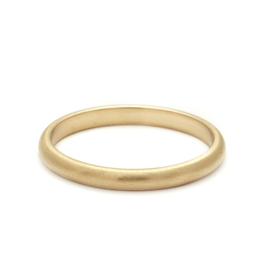 A 2mm classic round band with a brushed finish set in yellow gold.