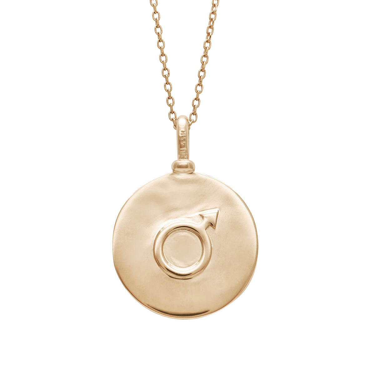 A 18mm charm with the Mars sign set in yellow gold on a yellow gold chain.