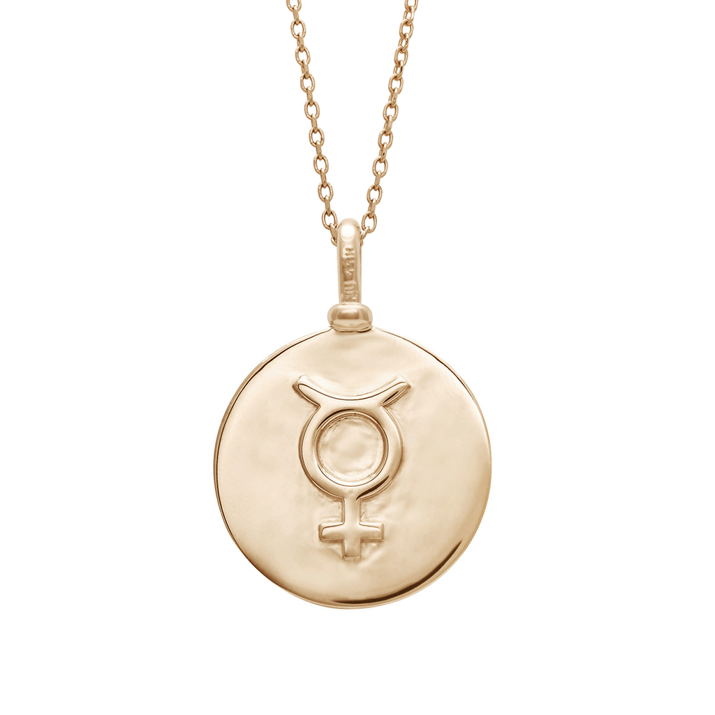 A 18mm charm with the Mercury sign set in yellow gold on a yellow gold chain.