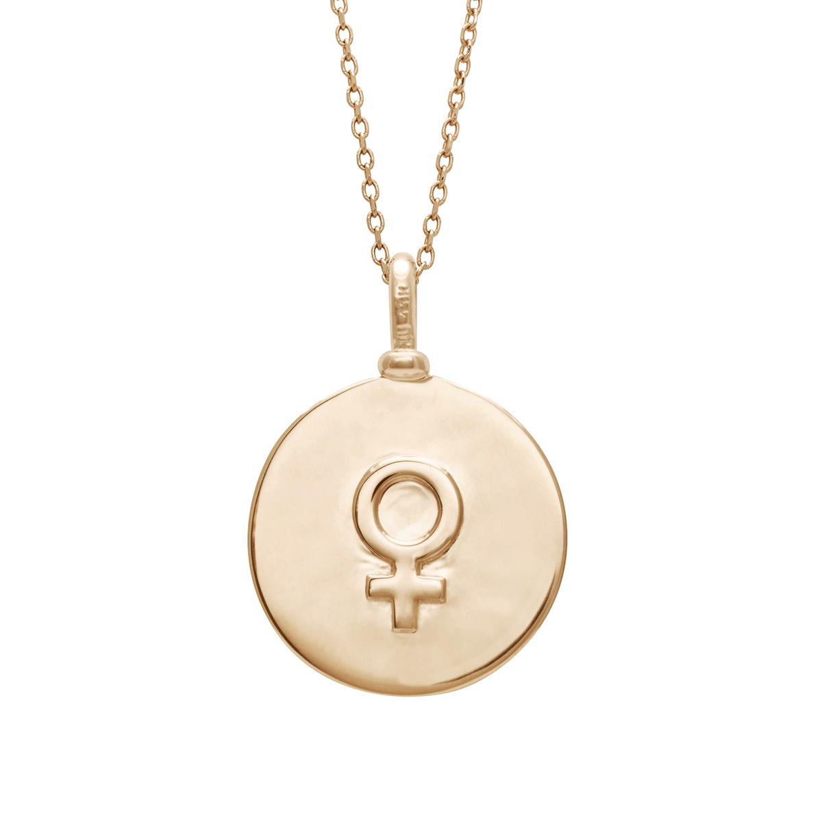 A 18mm charm with the Venus sign set in yellow gold with white diamond stones on a yellow gold chain.