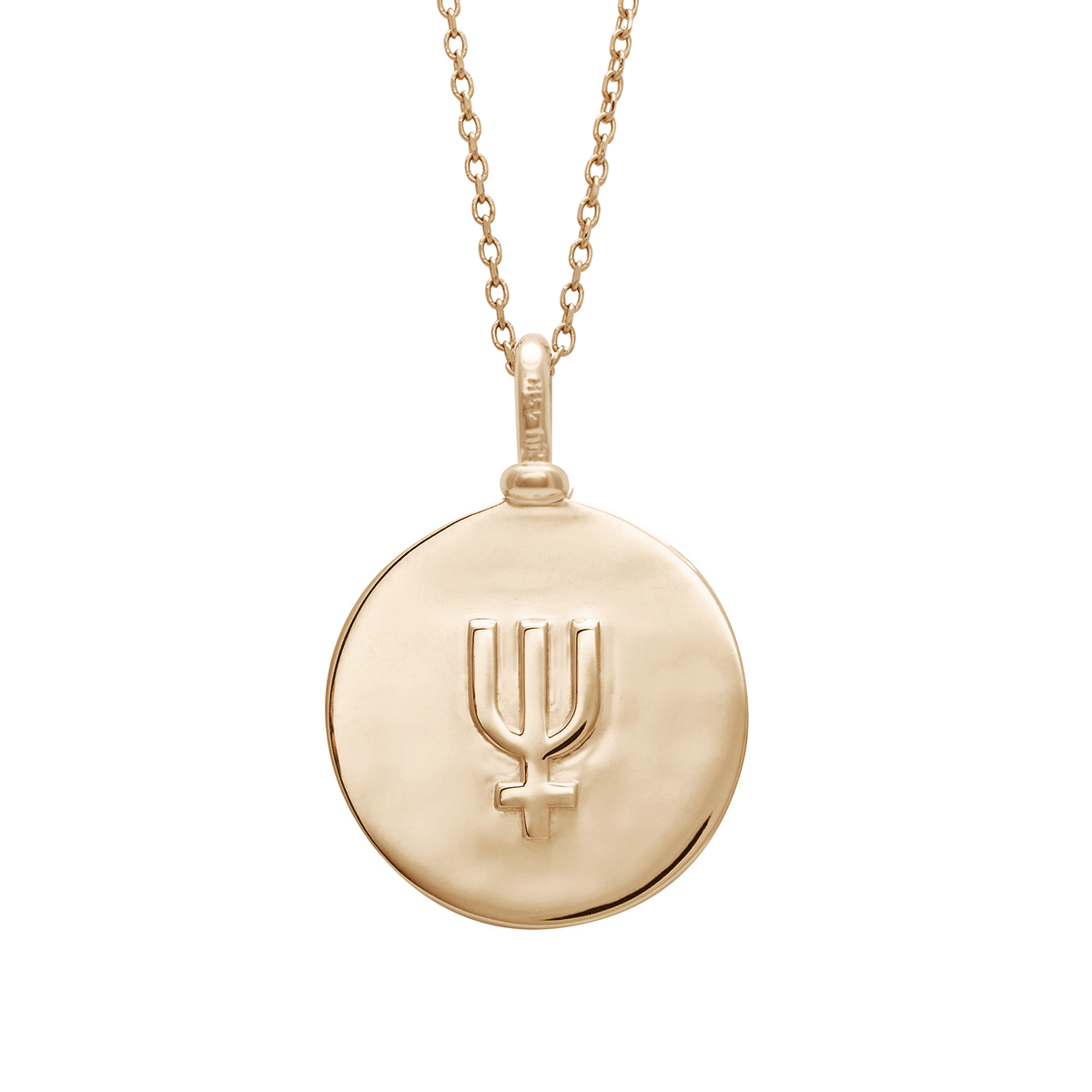 A 18mm charm with the Neptune sign set in yellow gold on a yellow gold chain.
