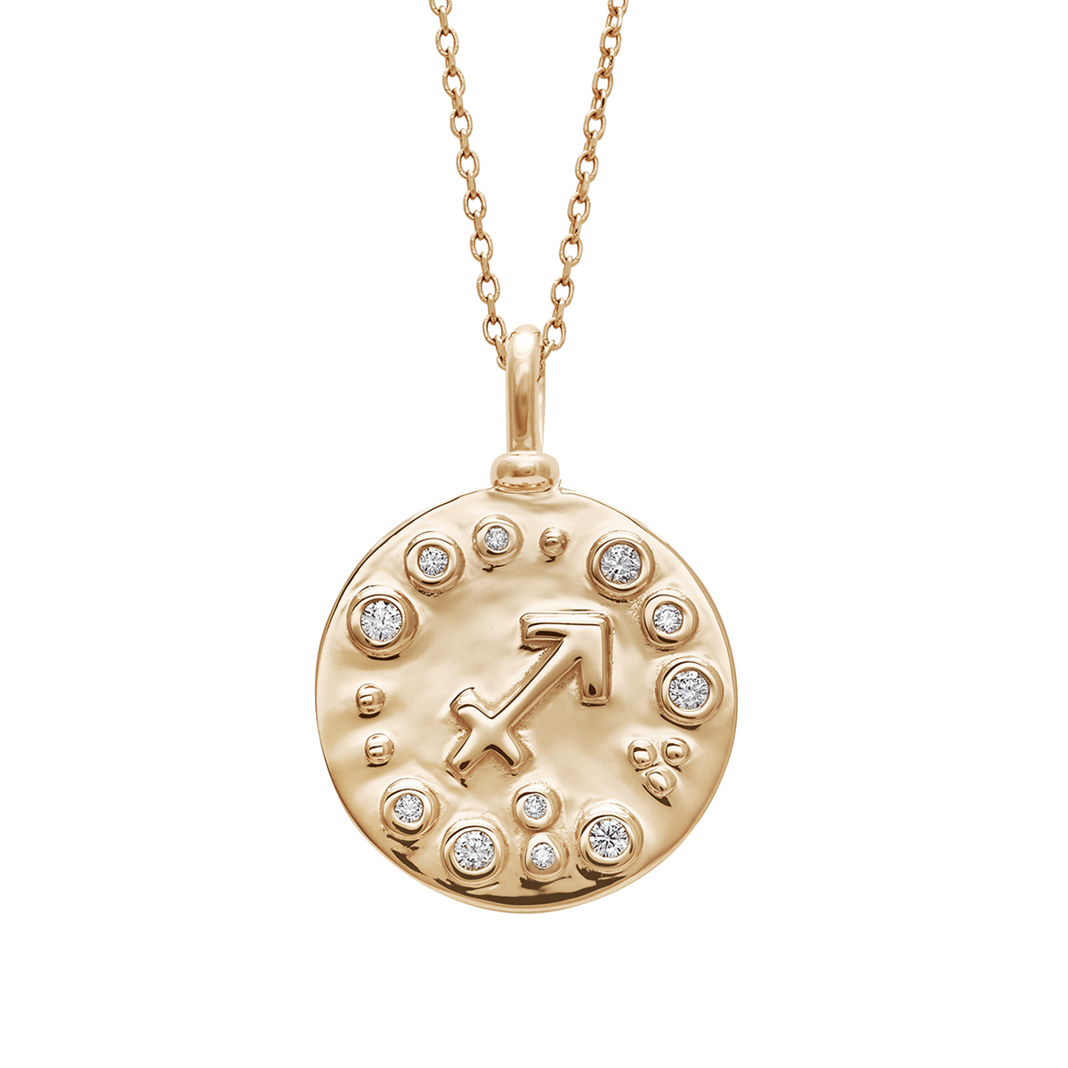 A 18mm charm with the Sagittarius zodiac sign set in yellow gold with white diamond stones on a yellow gold chain.