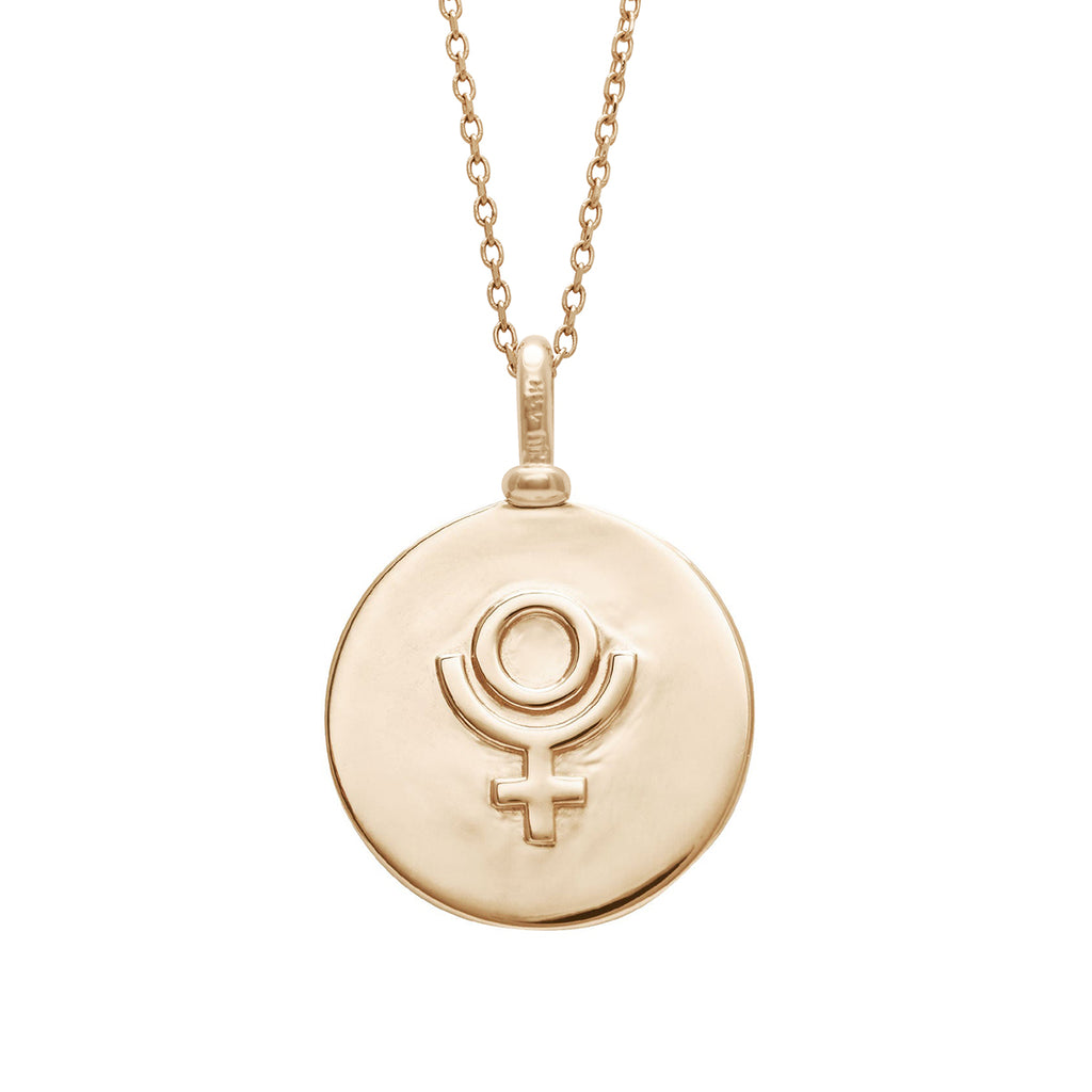 A 18mm charm with the Pluto sign set in yellow gold on a yellow gold chain.