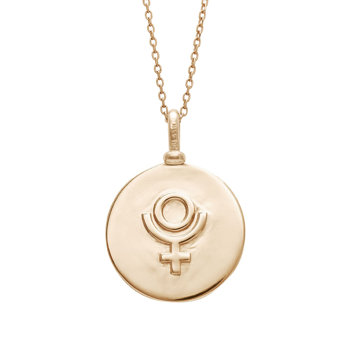 A 18mm charm with the Pluto sign set in yellow gold on a yellow gold chain.