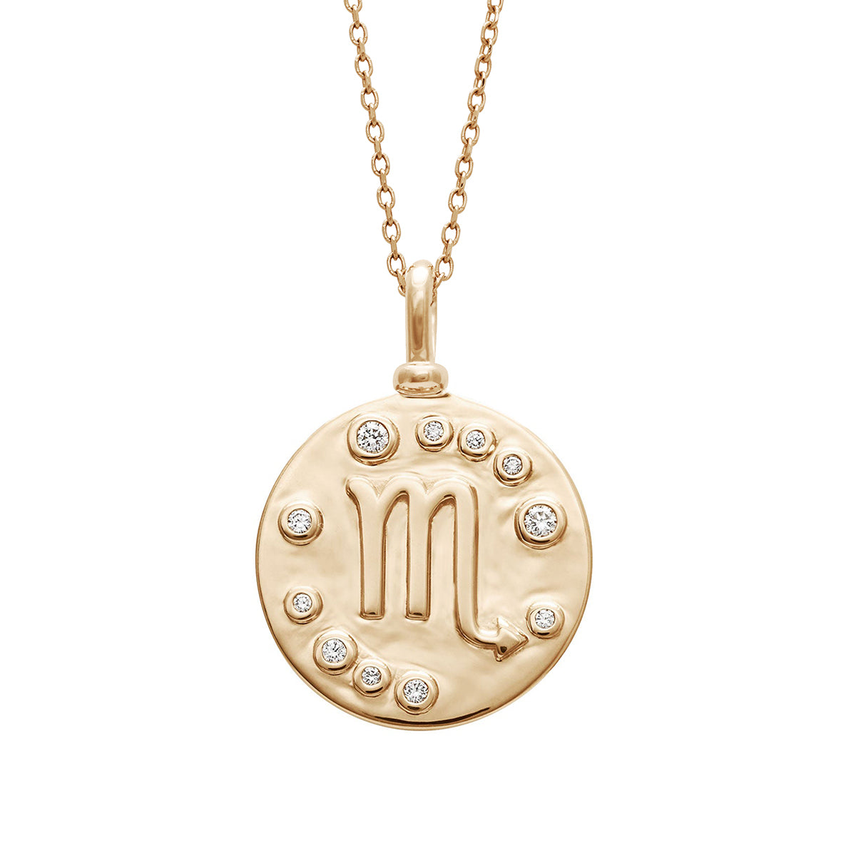 A 18mm charm with the Scorpio zodiac sign set in yellow gold with white diamond stones on a yellow gold chain.
