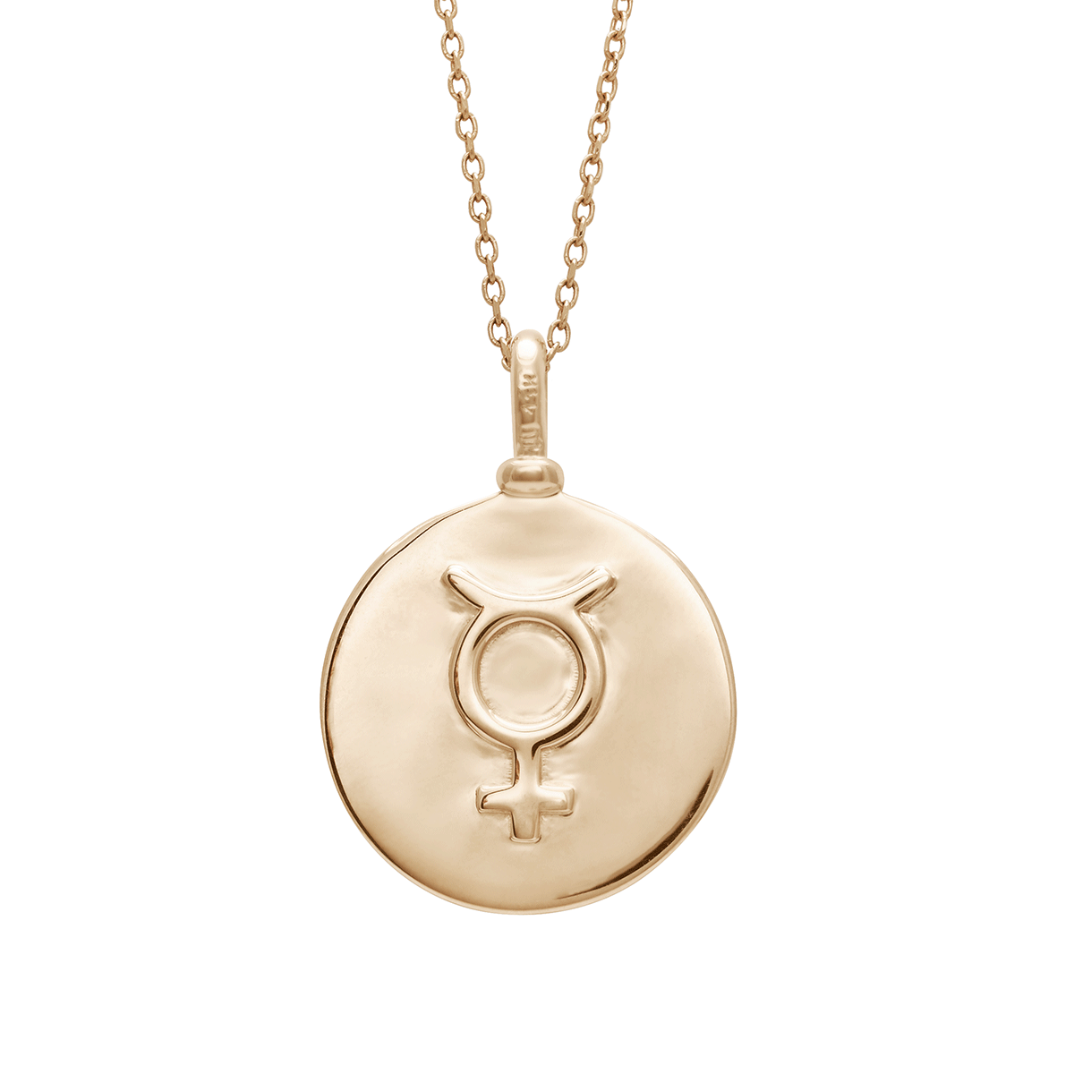 A 18mm charm with the Mercury sign set in yellow gold on a yellow gold chain.