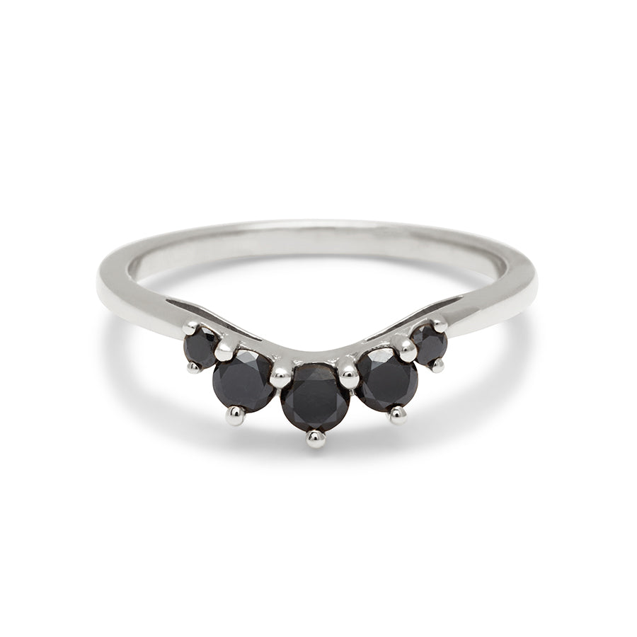 A curved 5 black diamond band set in white gold., White Gold