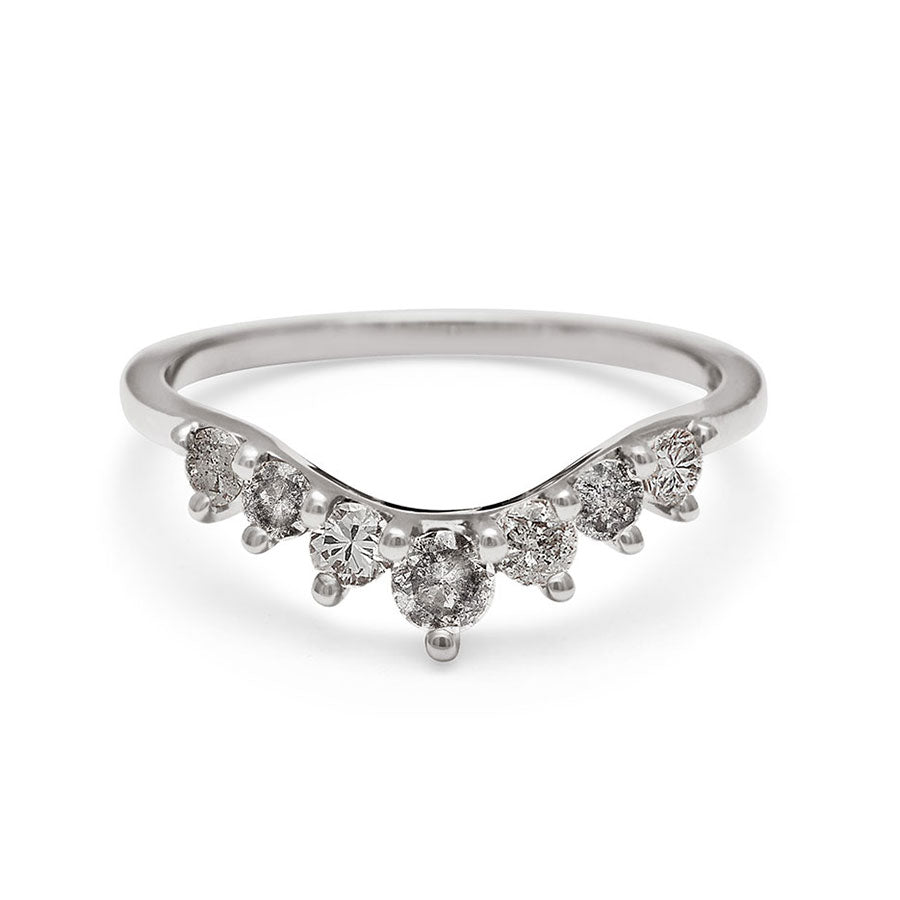 A curved 7 grey diamond band set in white gold., White Gold