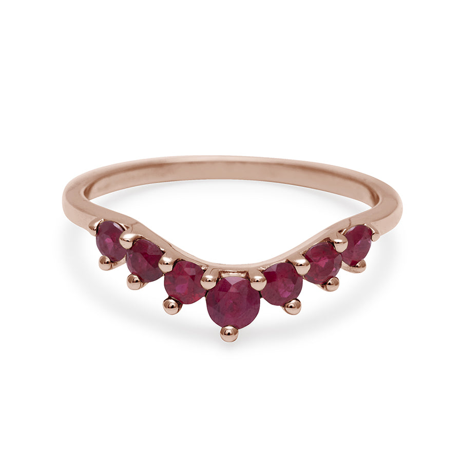 A curved 7 ruby band set in rose gold., Rose Gold