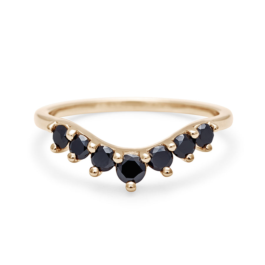A curved 7 black diamond band set in yellow gold., Yellow Gold
