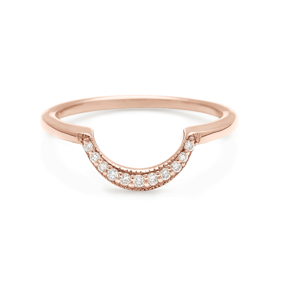 A crescent shaped band with 9 white diamonds set in rose gold., Rose Gold