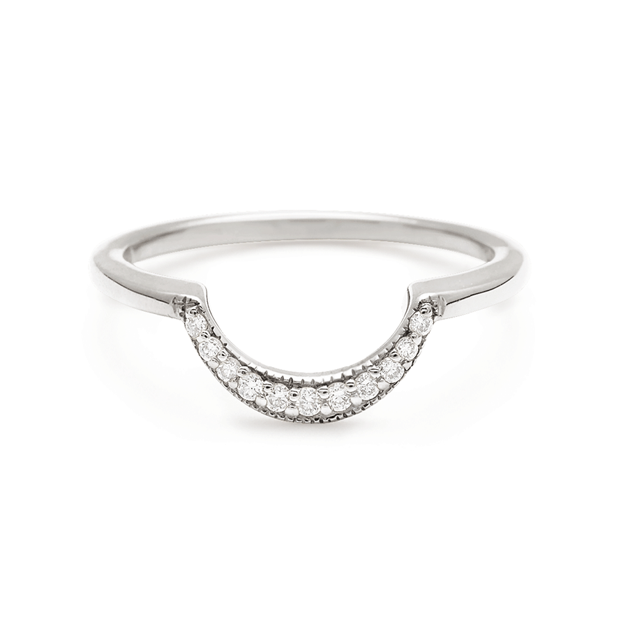 A crescent shaped band with 9 white diamonds set in white gold., White Gold