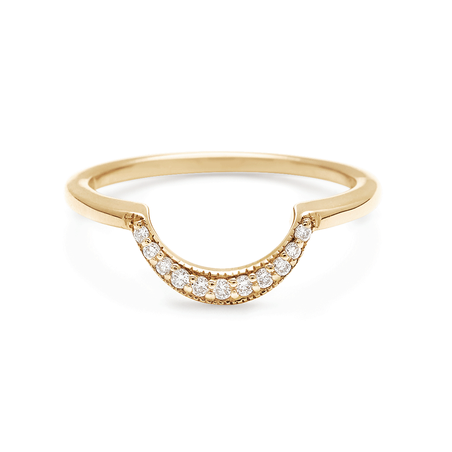 A crescent shaped band with 9 white diamonds set in yellow gold., Yellow Gold
