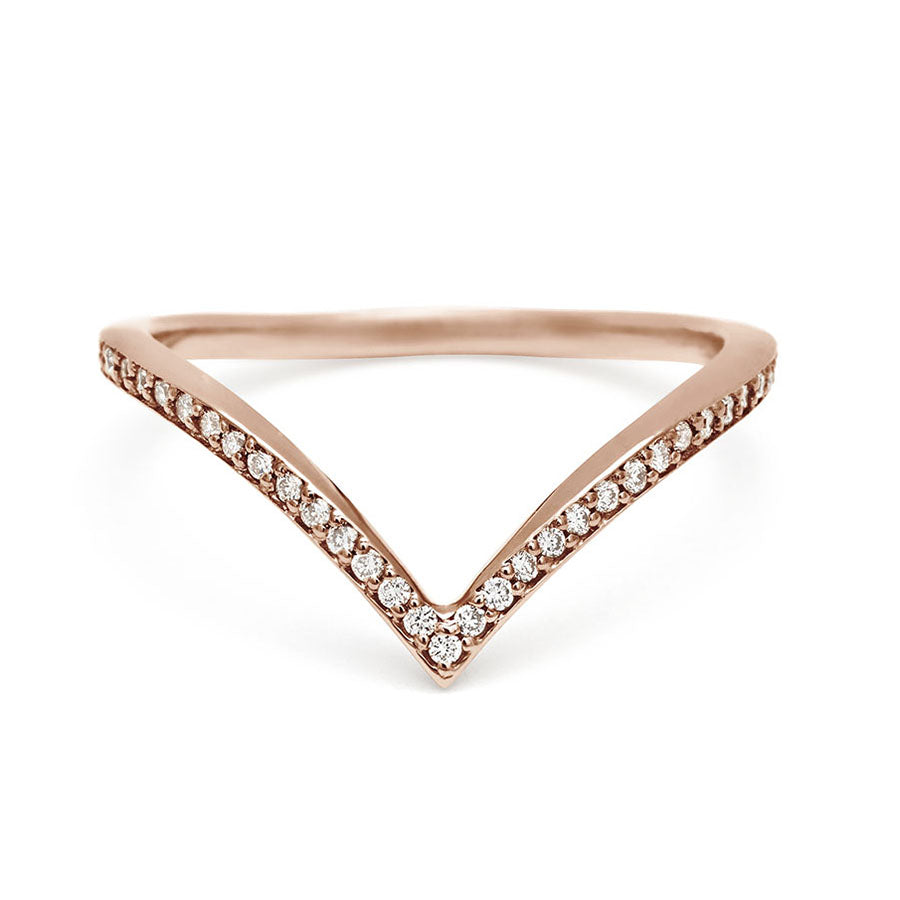 A white diamond dusted chrysalis shaped band set in rose gold., Rose Gold