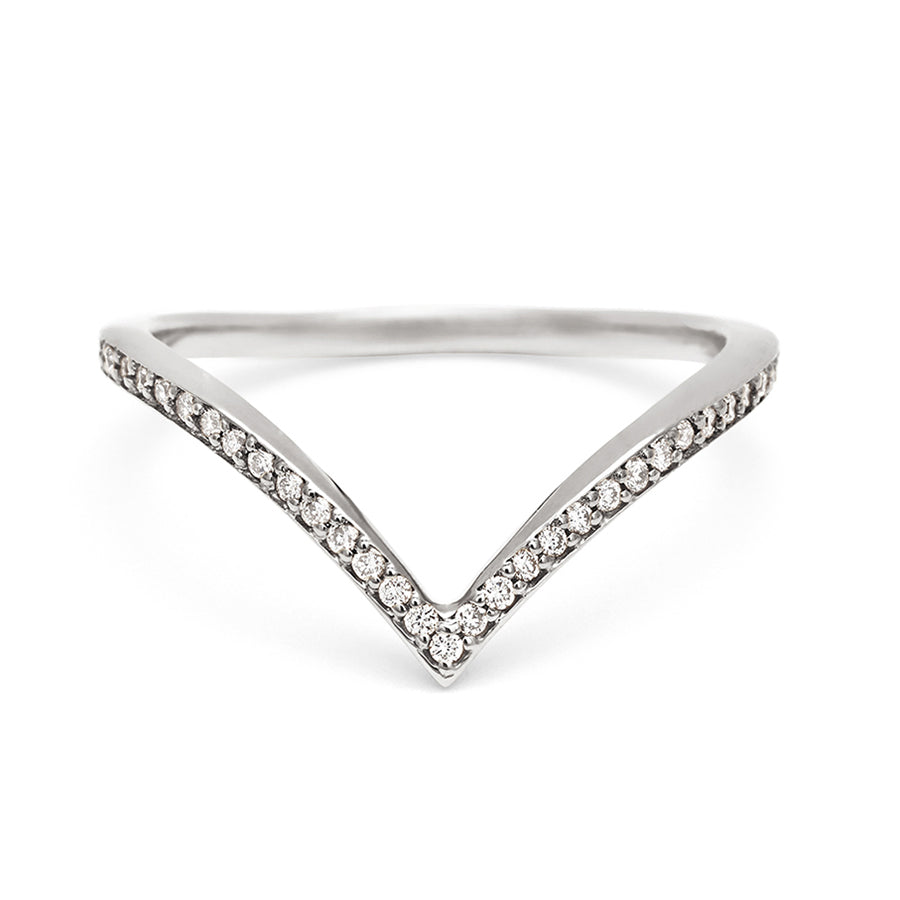 A white diamond dusted chrysalis shaped band set in white gold., White Gold