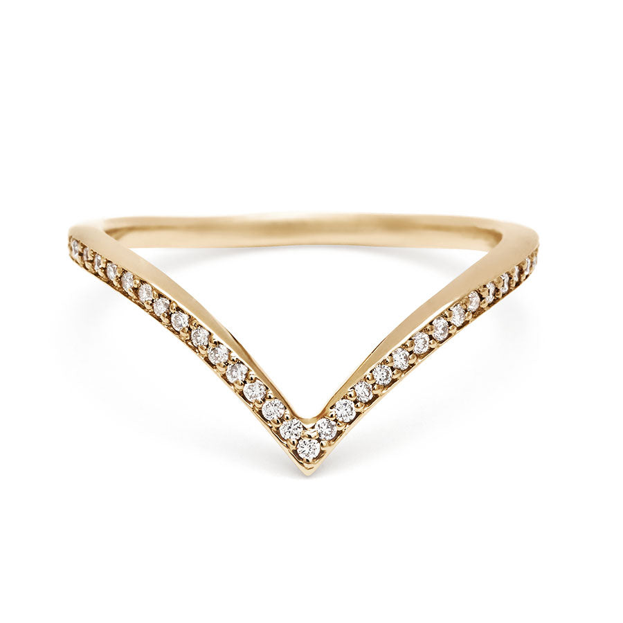 A white diamond dusted chrysalis shaped band set in yellow gold., Yellow Gold