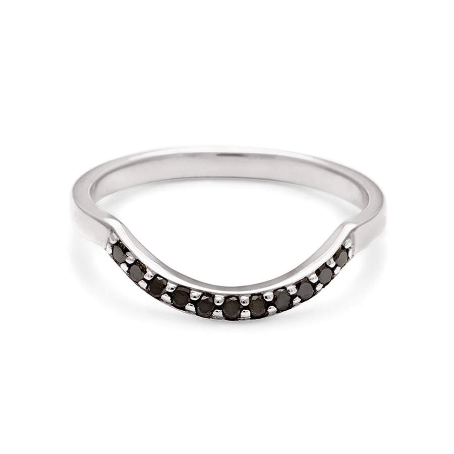 A diamond dusted curve band with black diamonds set in white gold., White Gold