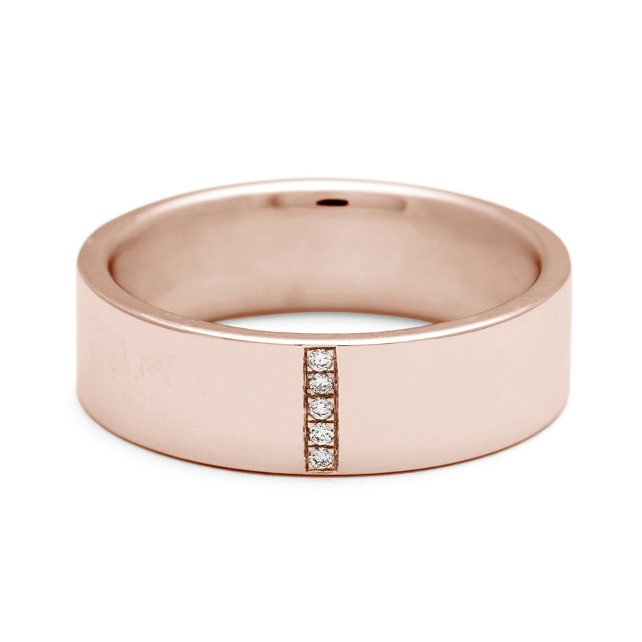 A flat band with a line of round white diamond set in rose gold., Rose Gold