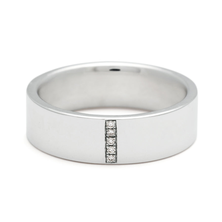 A flat band with a line of round white diamond set in white gold., White Gold