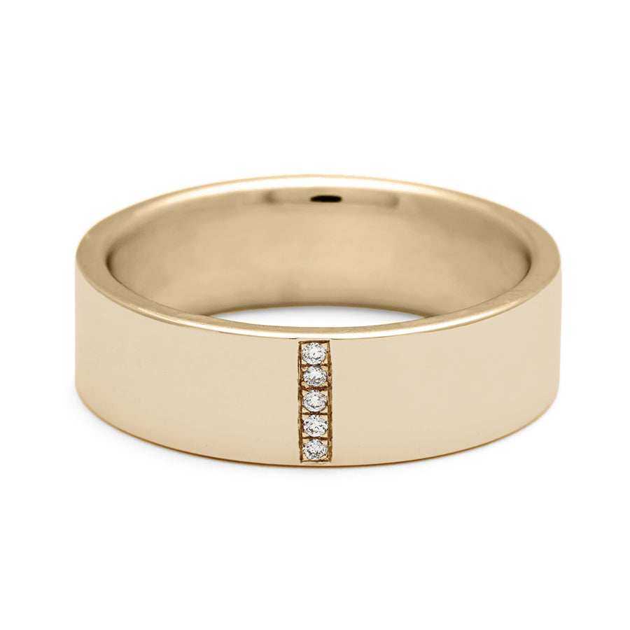 A flat band with a line of round white diamond set in yellow gold., Yellow Gold